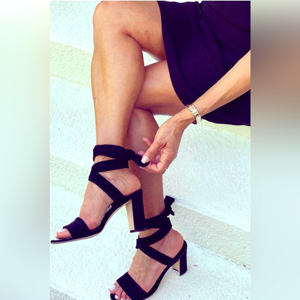 DESIGNER MANOLO BLAHNIK Tondala Ankle Wrap Heels in Black Suede